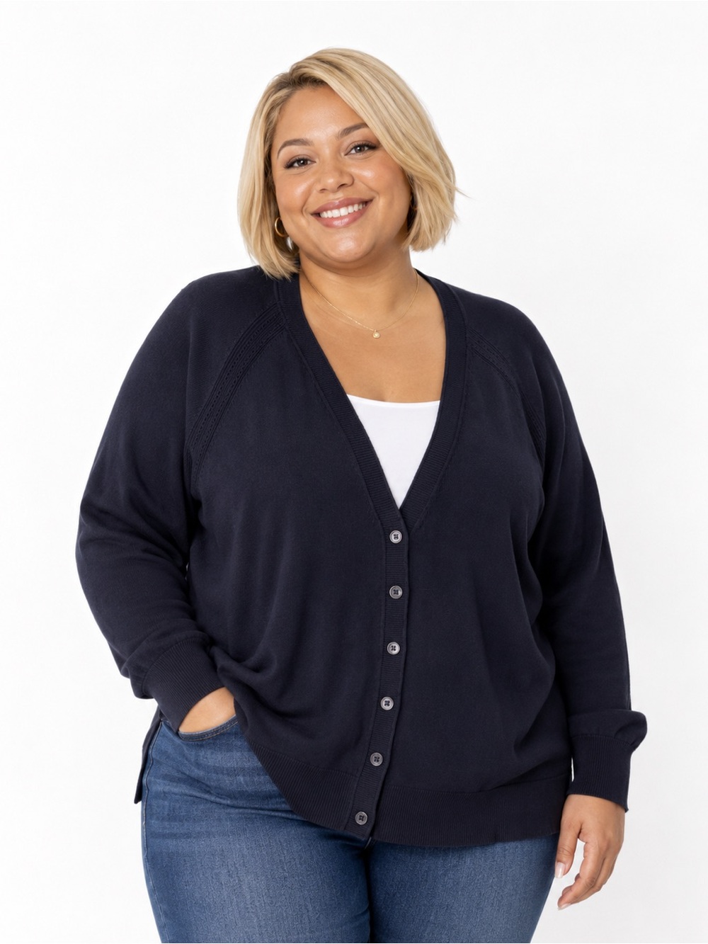Talbots Navy Blue V-Neck Button-Front Cardigan.